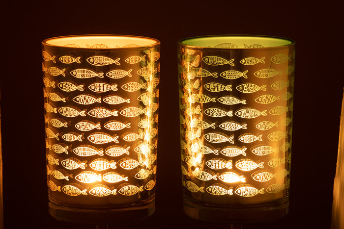 J-Line windlicht Vissen - glas - beige|blauw - large - 2 stuks