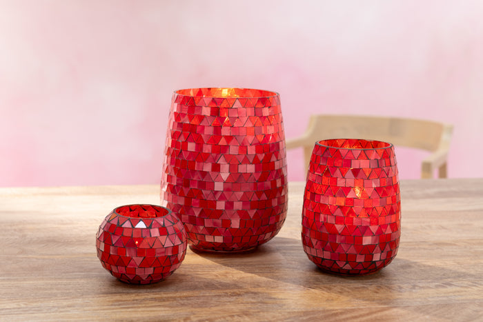 J-Line windlicht Mozaiek Driehoek - glas - rood|roze - small