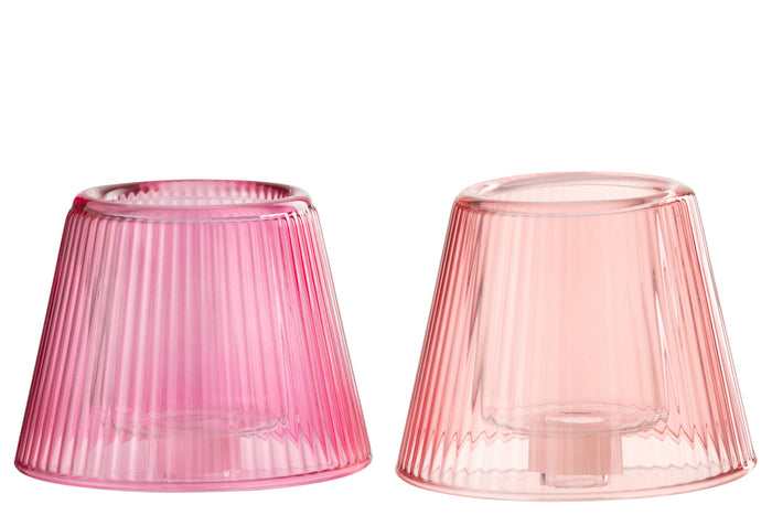J-Line theelichthouder Hoed - glas - roze - 2 stuks
