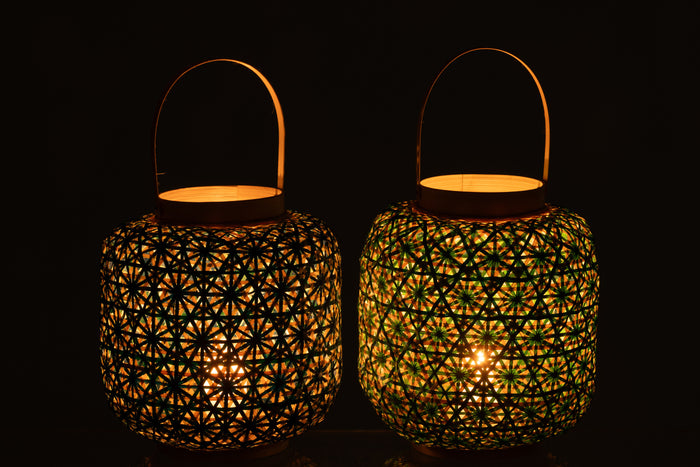 J-Line lantaarn Mozaïek Patroon - bamboe - donkerblauw|watergroen - 2 stuks