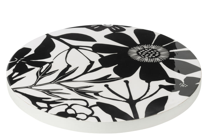 J-Line plateau Draaiend Rechthoek Bloemen - hout - zwart|wit