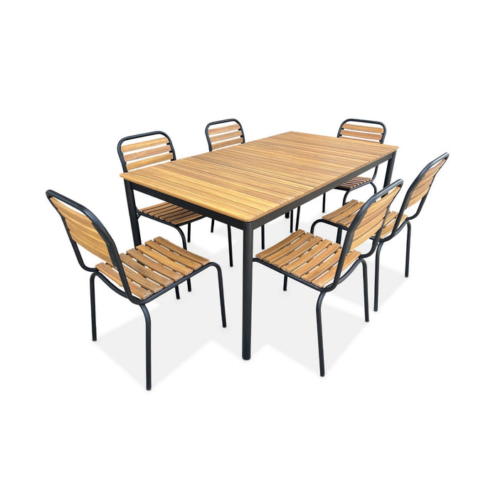 sweeek - Houten en stalen tuintafel, 6 stoelen