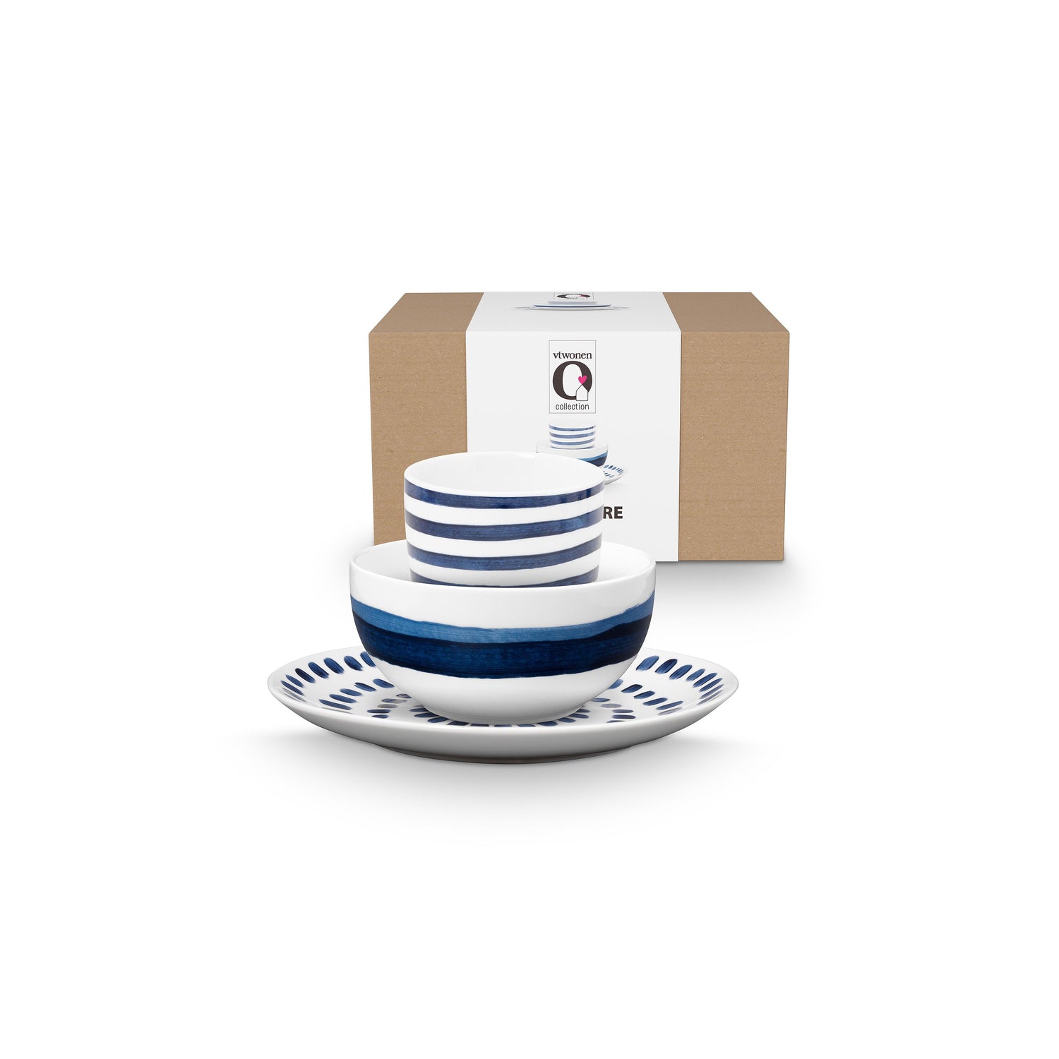 vtwonen - Beschilderde Ontbijtset - Blauw, Wit - Porselein - Set van 3