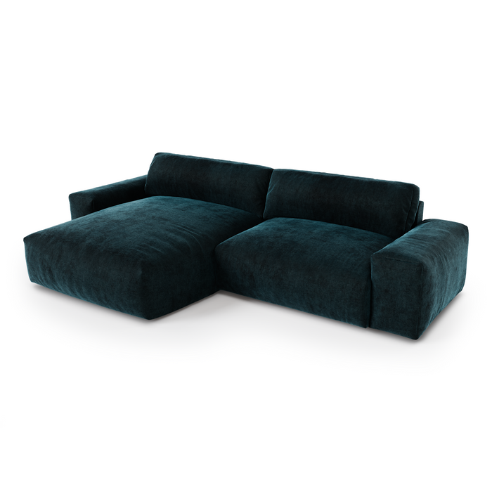 Hoekbank links in pauwblauw fluweel, 310 cm