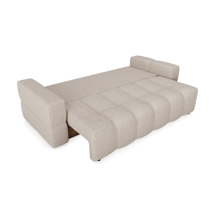 4-zits slaapbank in walnoten kast met beige bouclette stof