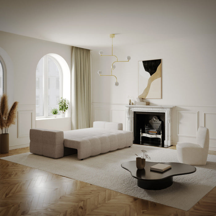 4-zits slaapbank in walnoten kast met beige bouclette stof