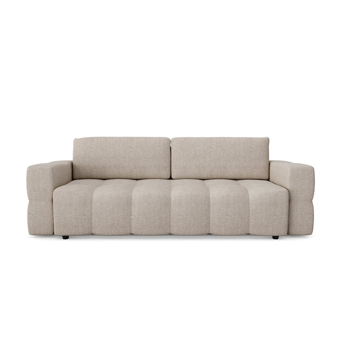 4-zits slaapbank in walnoten kast met beige bouclette stof