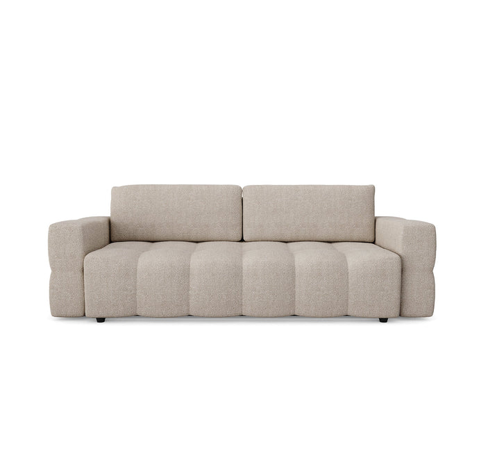 4-zits slaapbank in walnoten kast met beige bouclette stof