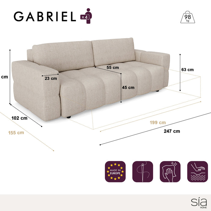 4-zits slaapbank in walnoten kast met beige bouclette stof