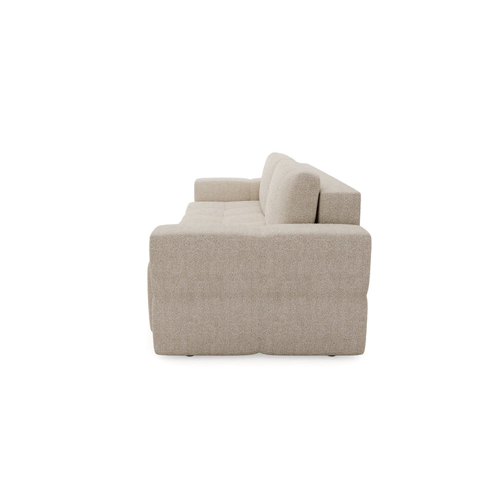 4-zits slaapbank in walnoten kast met beige bouclette stof