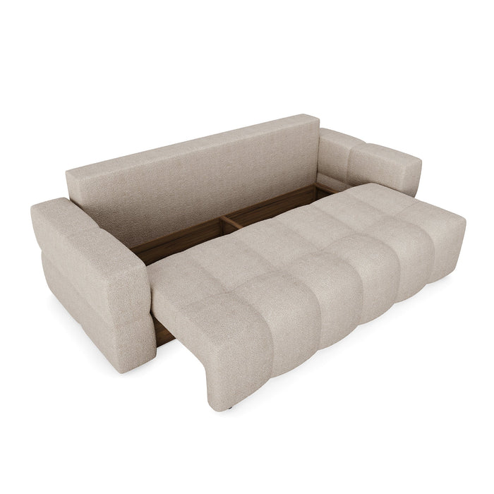4-zits slaapbank in walnoten kast met beige bouclette stof