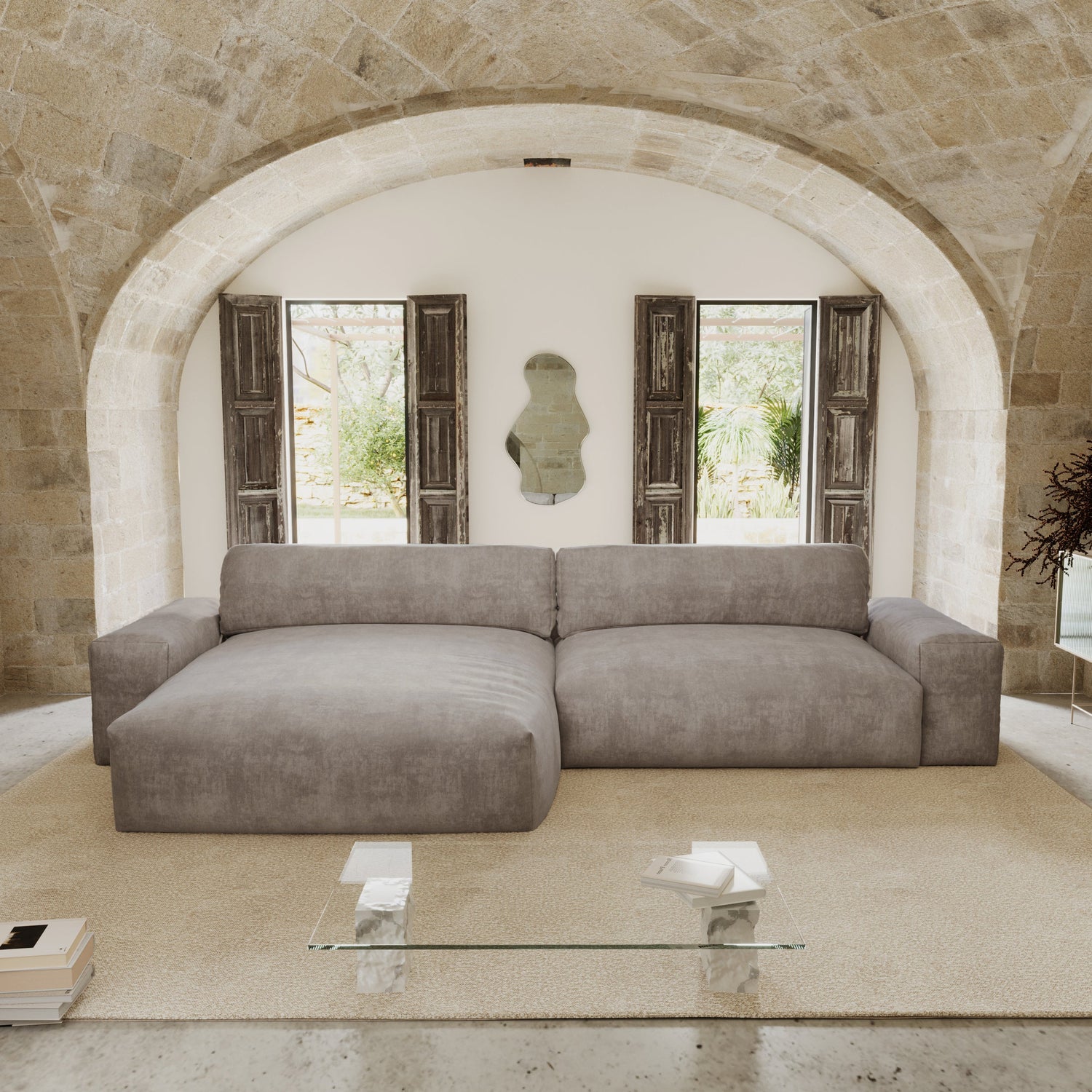 Hoekbank links in taupekleurig fluweel, 310 cm