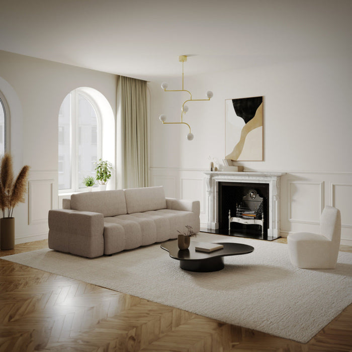 4-zits slaapbank in walnoten kast met beige bouclette stof